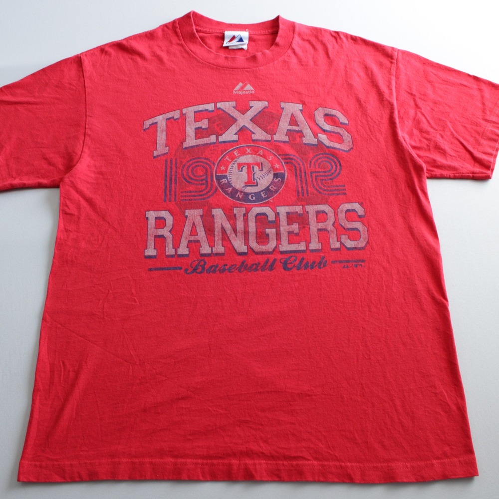 Majestic Texas Rangers Baseball Club 1972 Red Graphic T-Shirt Mens L MLB Pro Spo